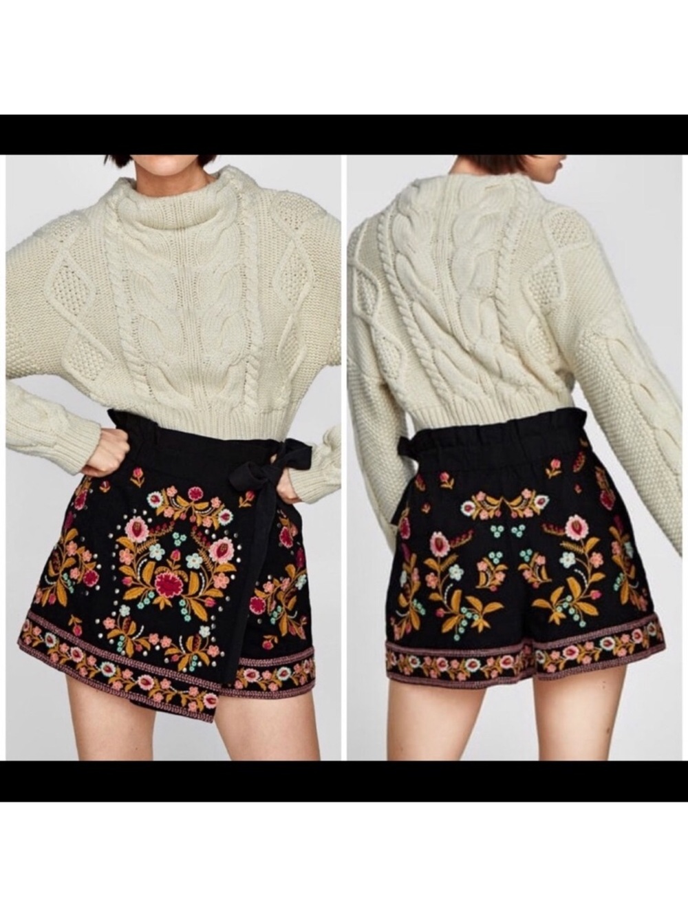 Embroidered Black Wrap Mini Skort with Floral Motif